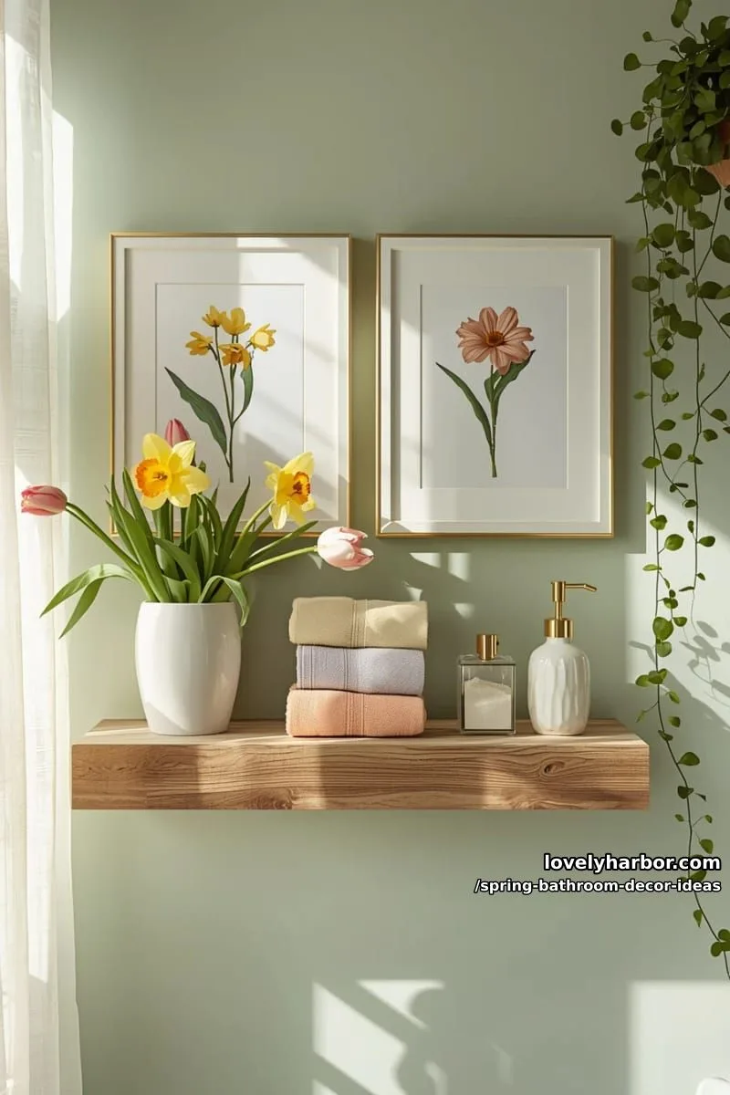 framed spring flower art prints above a floating reclaimed wood shelf 1