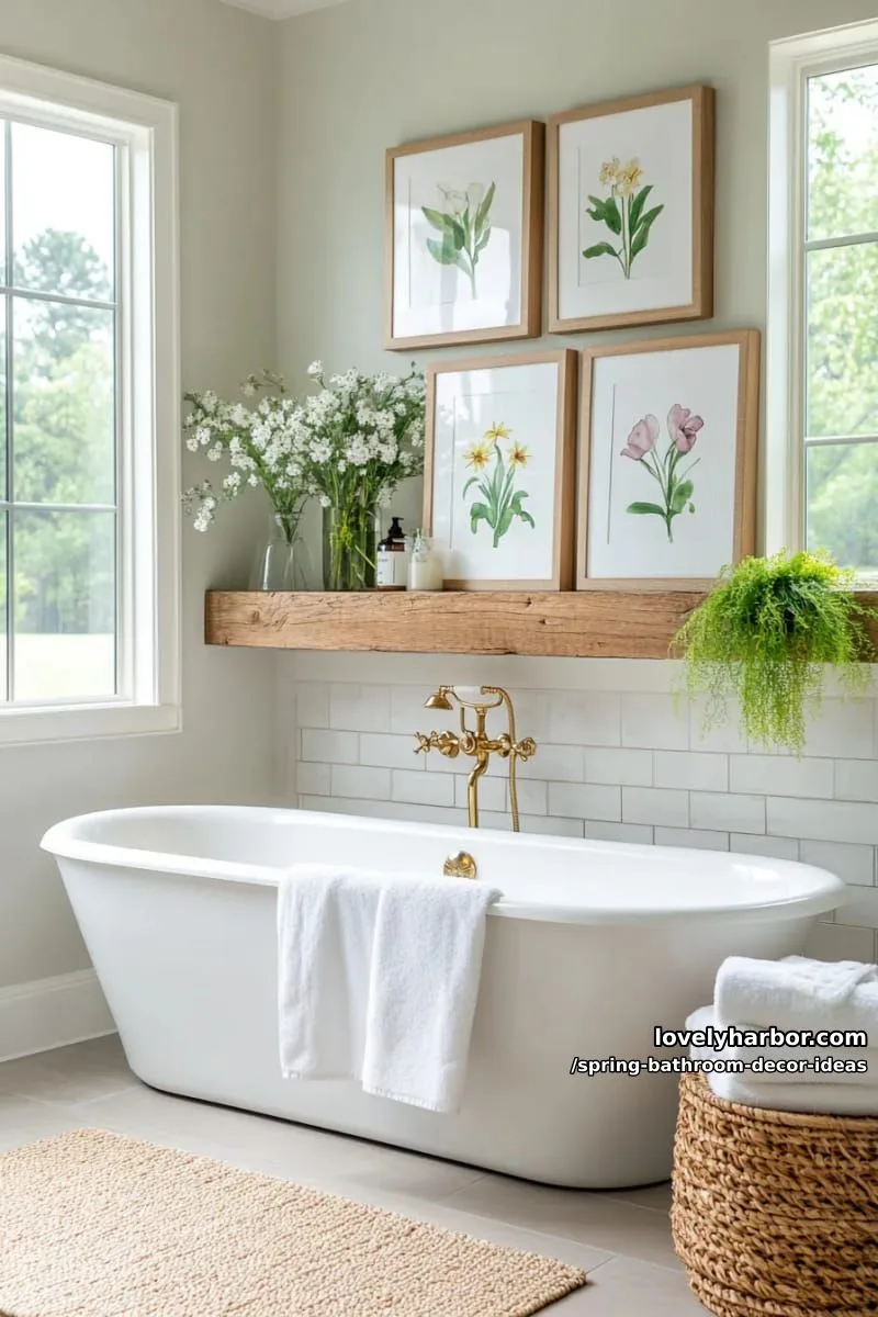 framed spring flower art prints above a floating reclaimed wood shelf 1