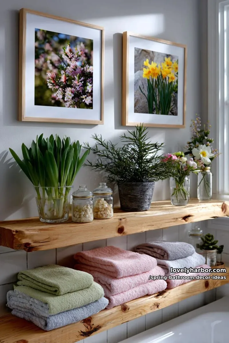 framed spring flower art prints above a floating reclaimed wood shelf 1