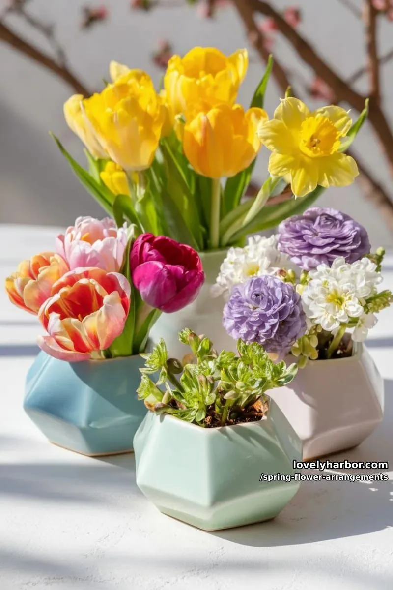 15 Spring Flower Arrangements That Will Warm Your Heart 29 fresh spring garden flowers arranged in geometric ceramic vases 1