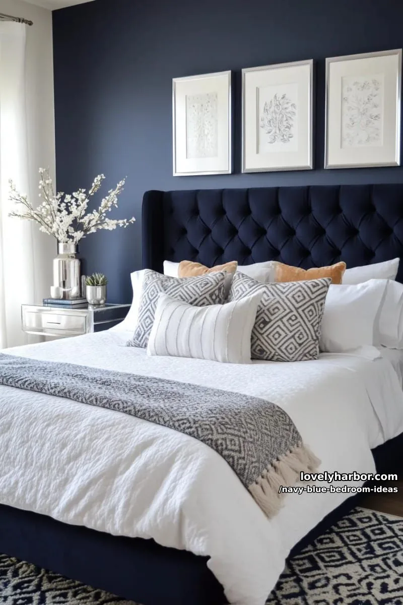 gallery wall of abstract art in silver frames above navy tufted headboard 1