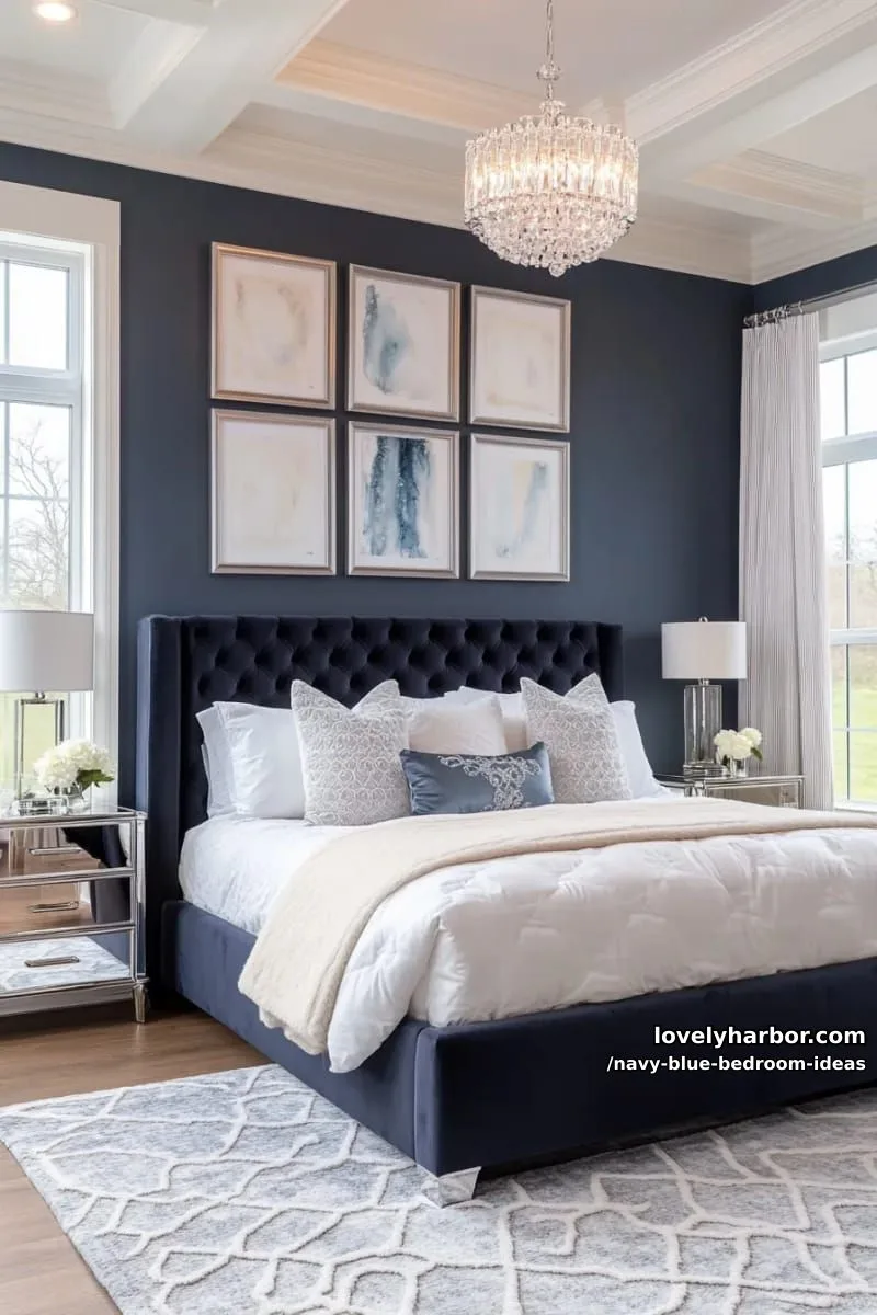 gallery wall of abstract art in silver frames above navy tufted headboard 1
