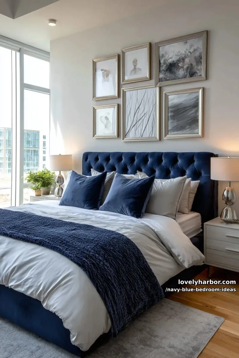 gallery wall of abstract art in silver frames above navy tufted headboard 1
