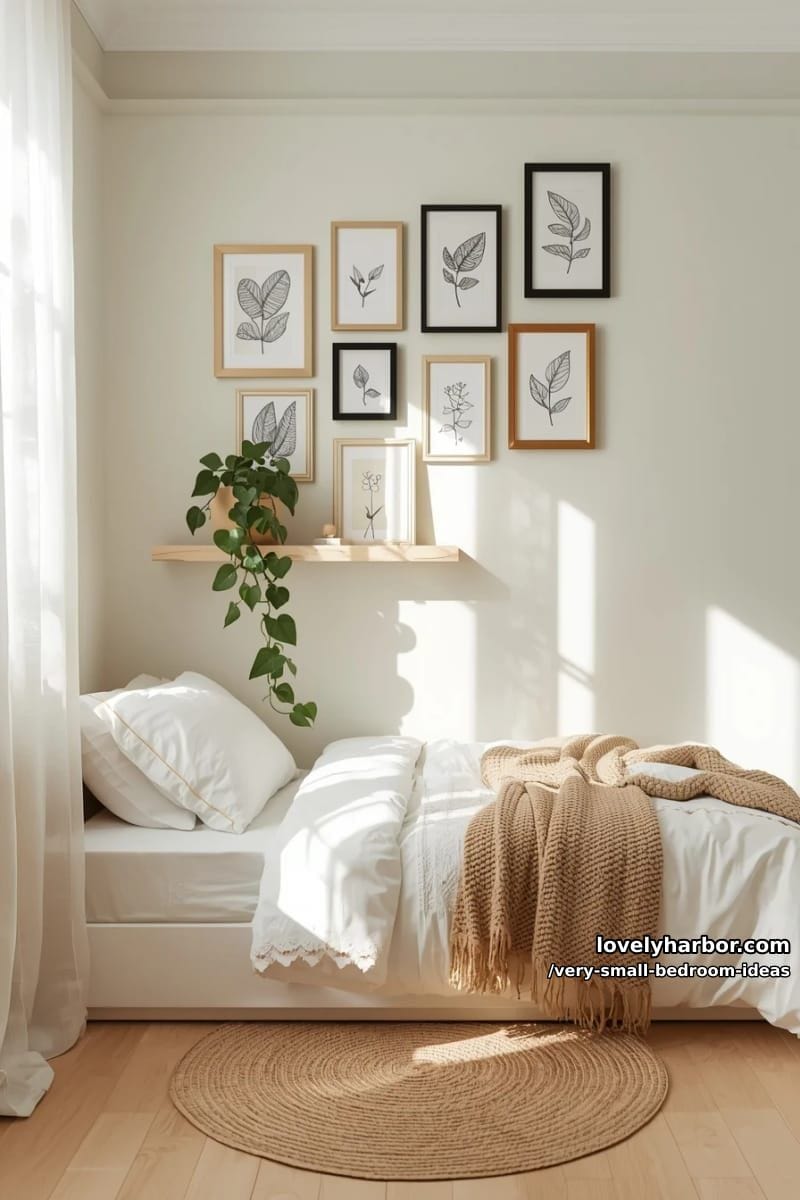 gallery wall of mini frames above a single bed 1
