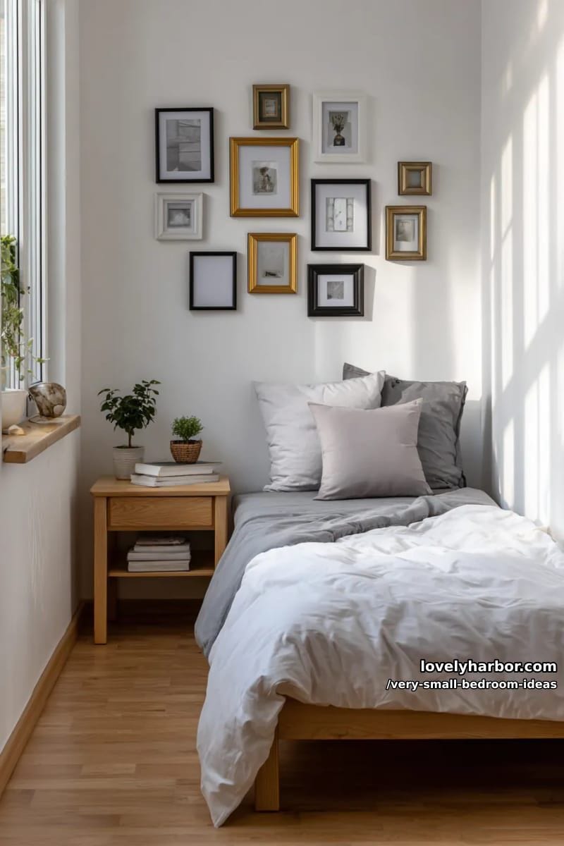 gallery wall of mini frames above a single bed 1