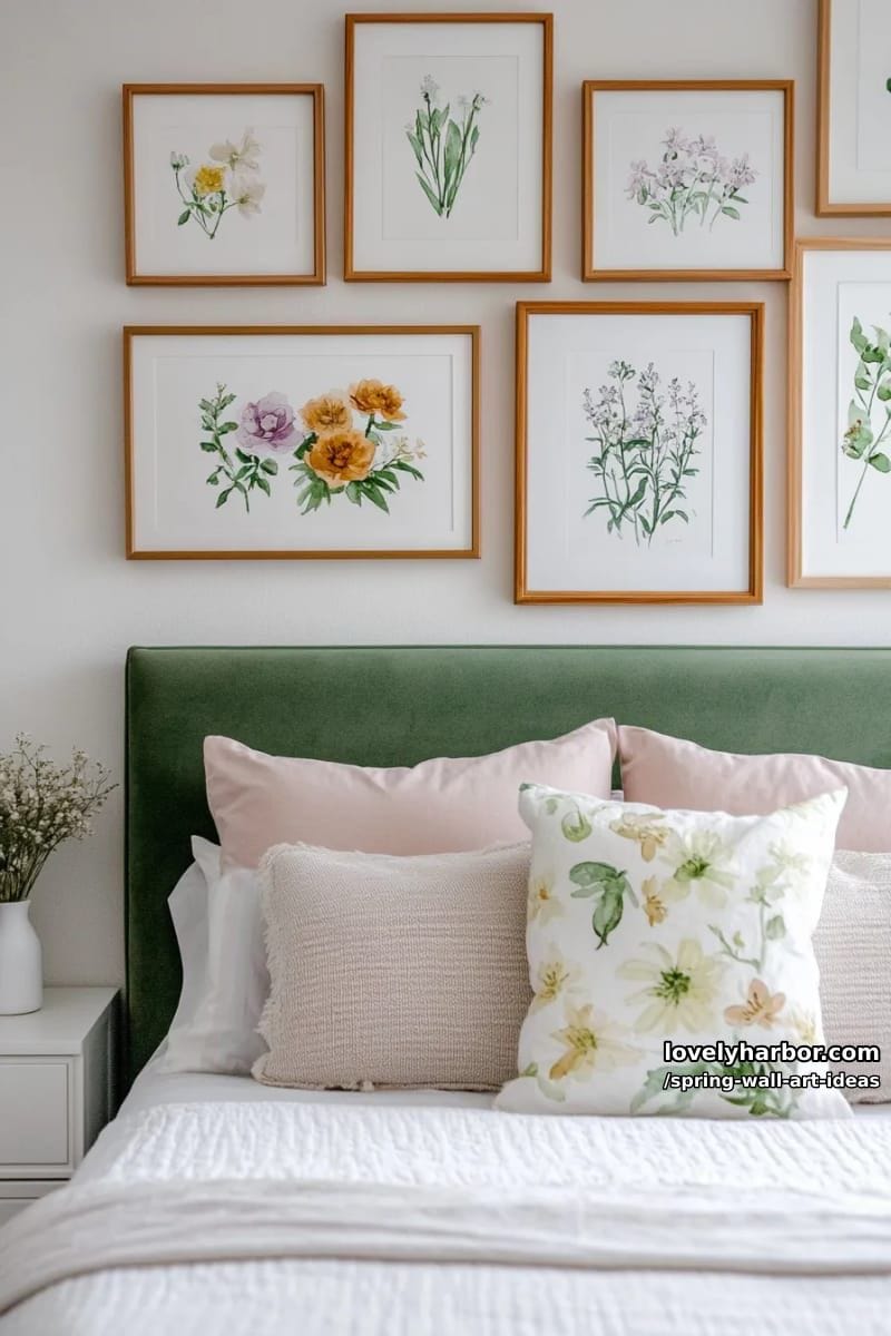 gallery wall of pastel-hued wildflower watercolors for bedroom accent 1