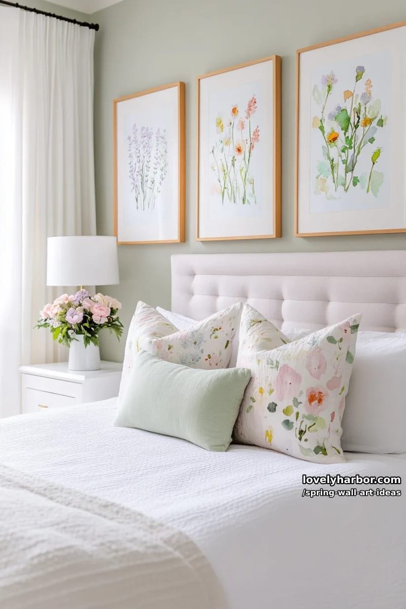 gallery wall of pastel-hued wildflower watercolors for bedroom accent 1