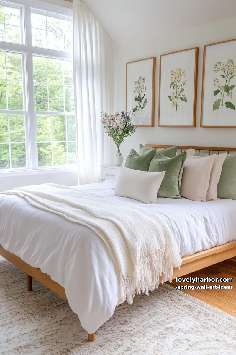 gallery wall of pastel-hued wildflower watercolors for bedroom accent 1