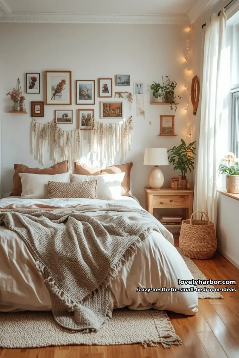 gallery wall of polaroids, art prints, and dried flower garlands 1