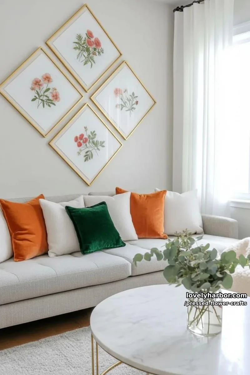 gallery wall of pressed flower art arranged in geometric grid for modern living rooms 1