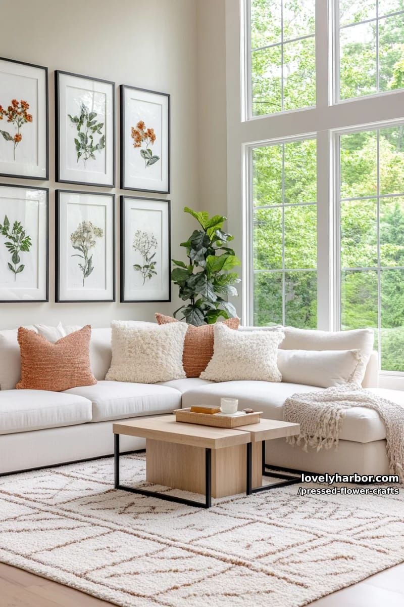 gallery wall of pressed flower art arranged in geometric grid for modern living rooms 1