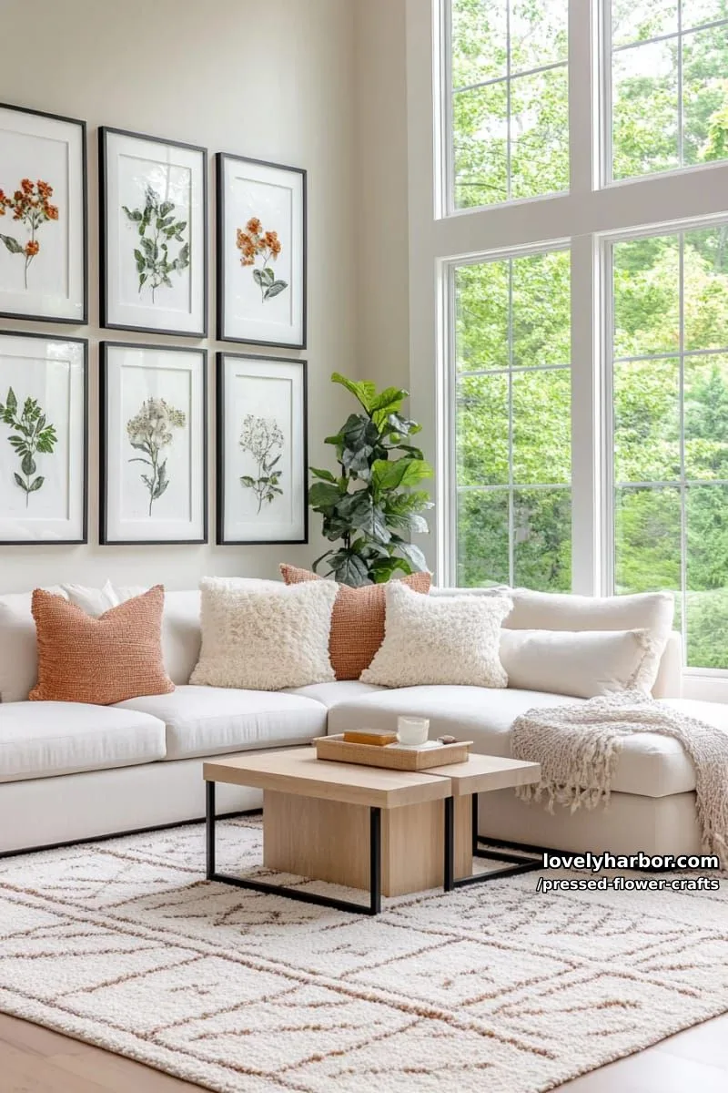 gallery wall of pressed flower art arranged in geometric grid for modern living rooms 1