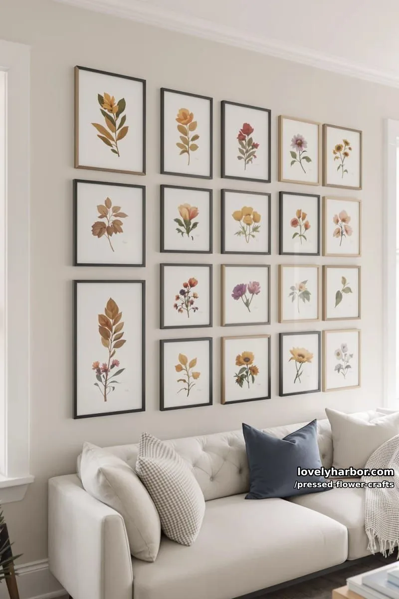 gallery wall of pressed flower art arranged in geometric grid for modern living rooms 1
