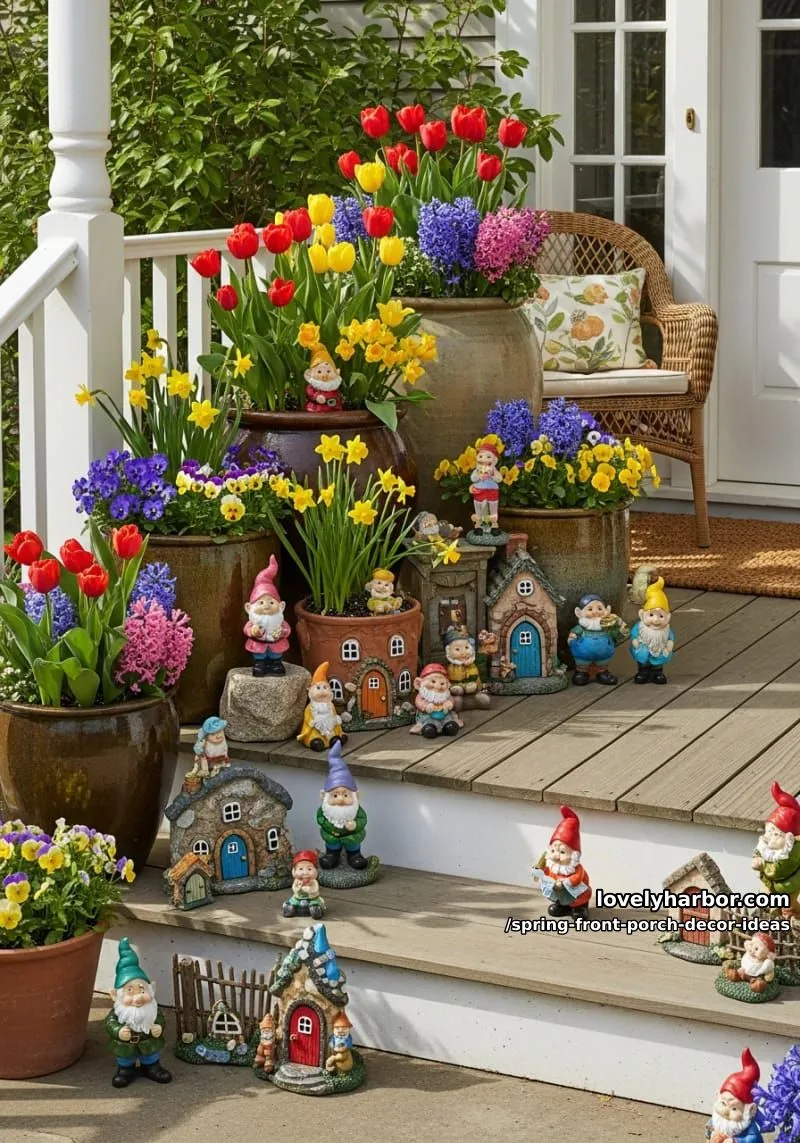garden gnome village nestled in potted flowers on the porch 1