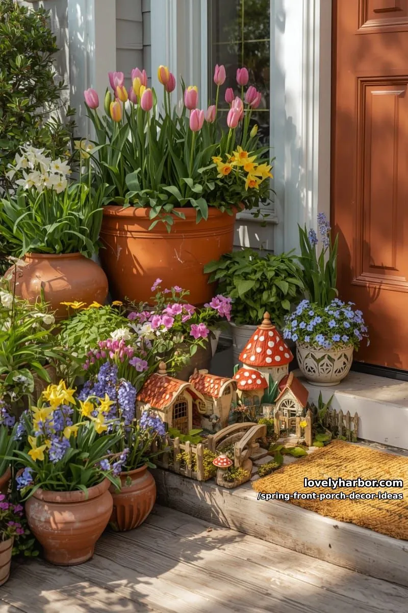 garden gnome village nestled in potted flowers on the porch 1