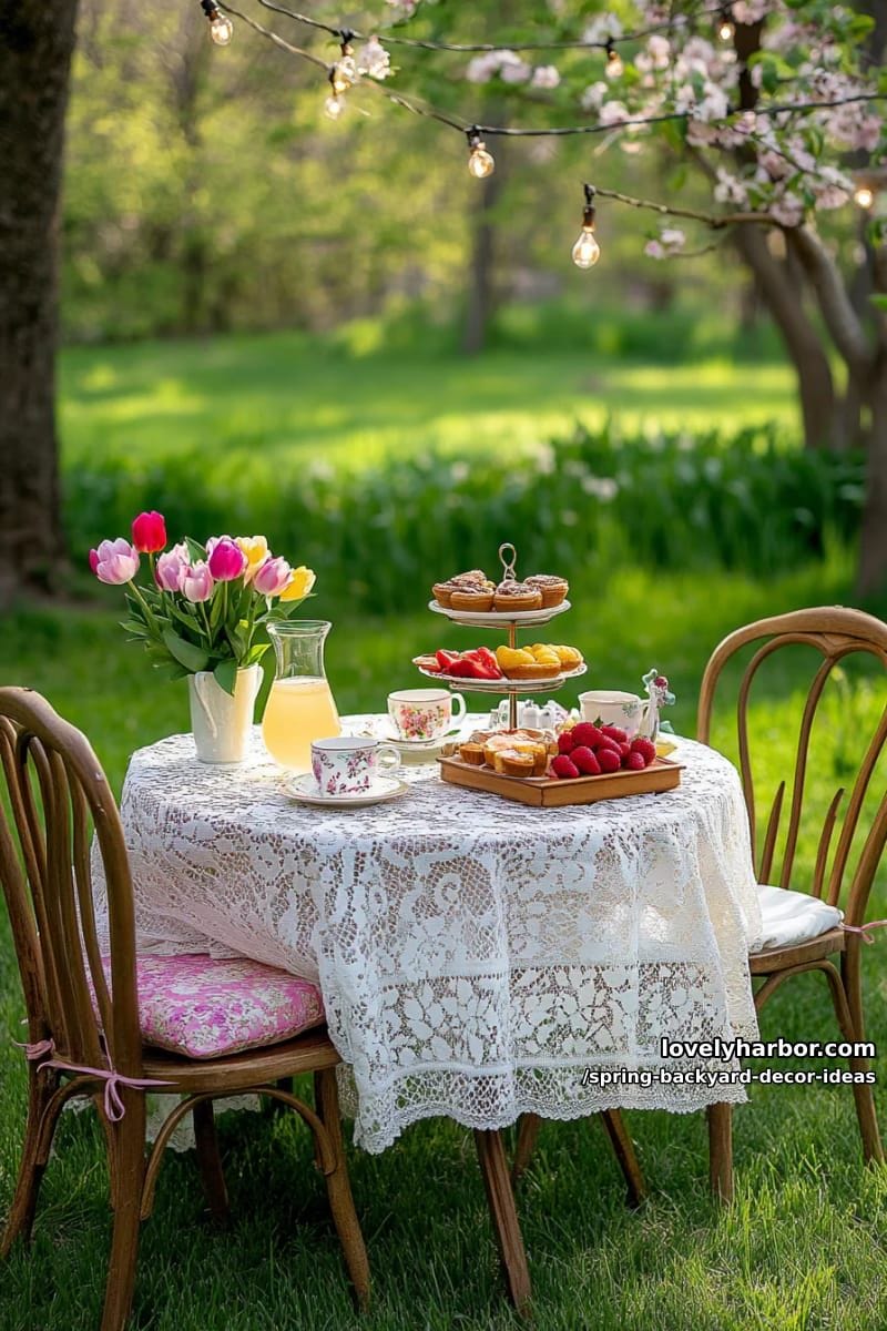 garden tea party setup with mismatched vintage chairs and floral china 1
