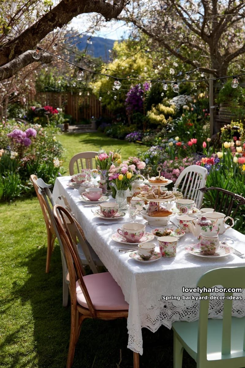 garden tea party setup with mismatched vintage chairs and floral china 1