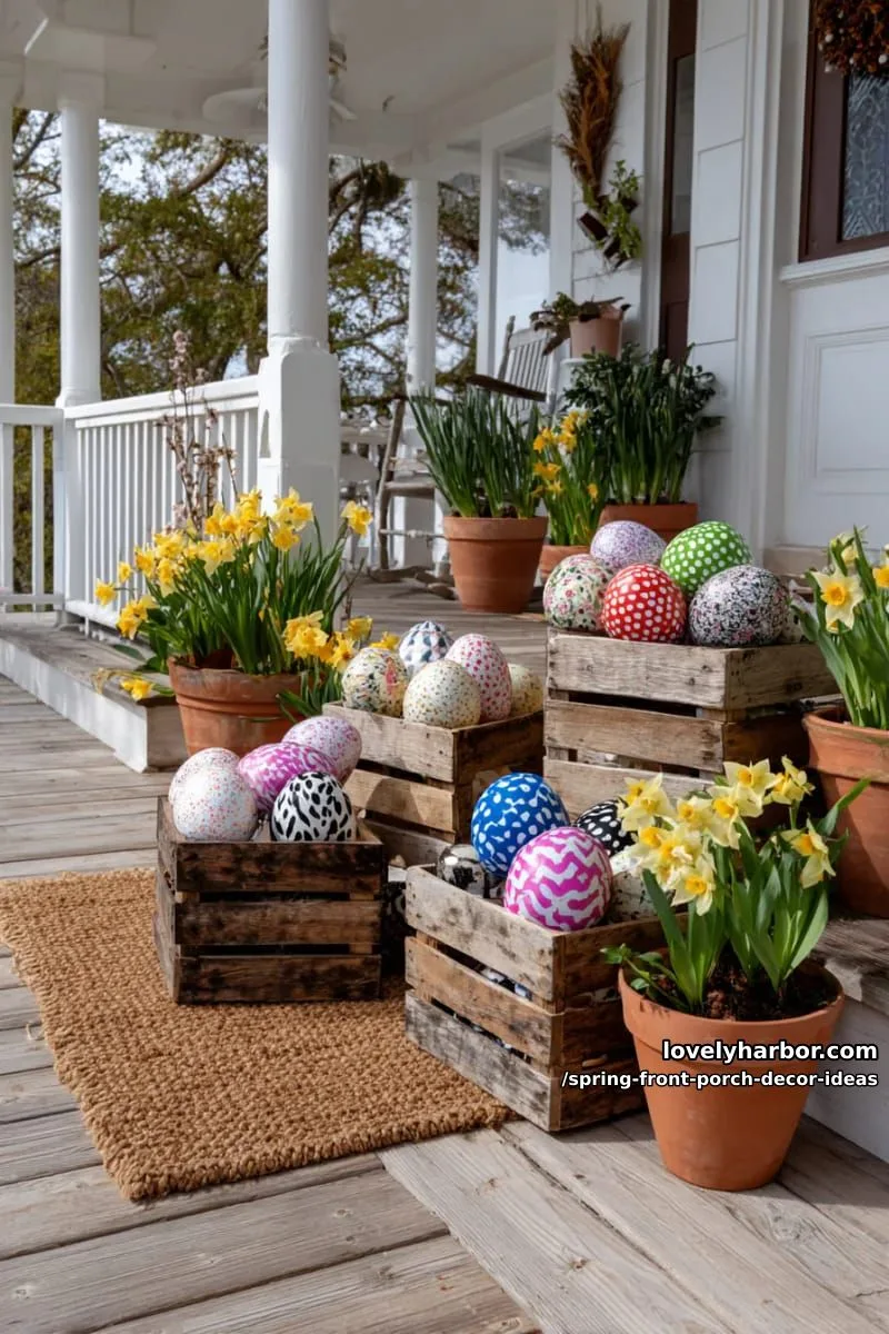 giant fabric-wrapped easter eggs displayed in rustic wooden crates 1