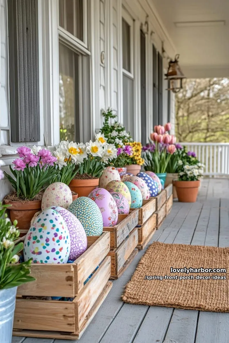 giant fabric-wrapped easter eggs displayed in rustic wooden crates 1
