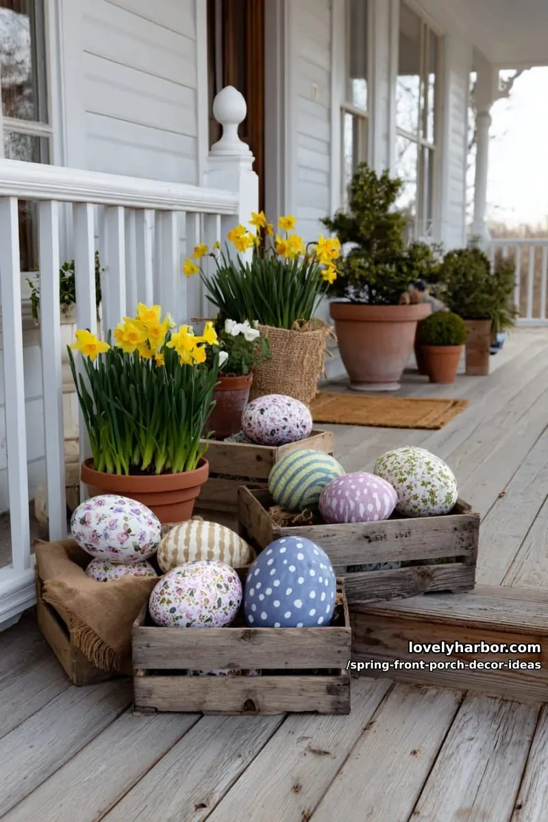giant fabric-wrapped easter eggs displayed in rustic wooden crates 1