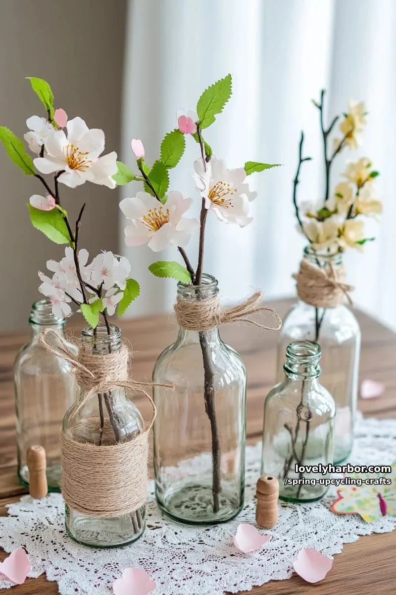 glass bottle vases wrapped in twine and adorned with faux spring blossoms 1