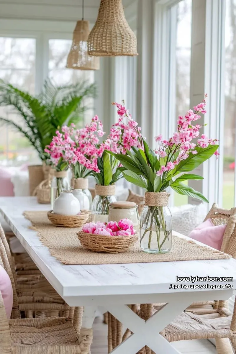 glass bottle vases wrapped in twine and adorned with faux spring blossoms 1