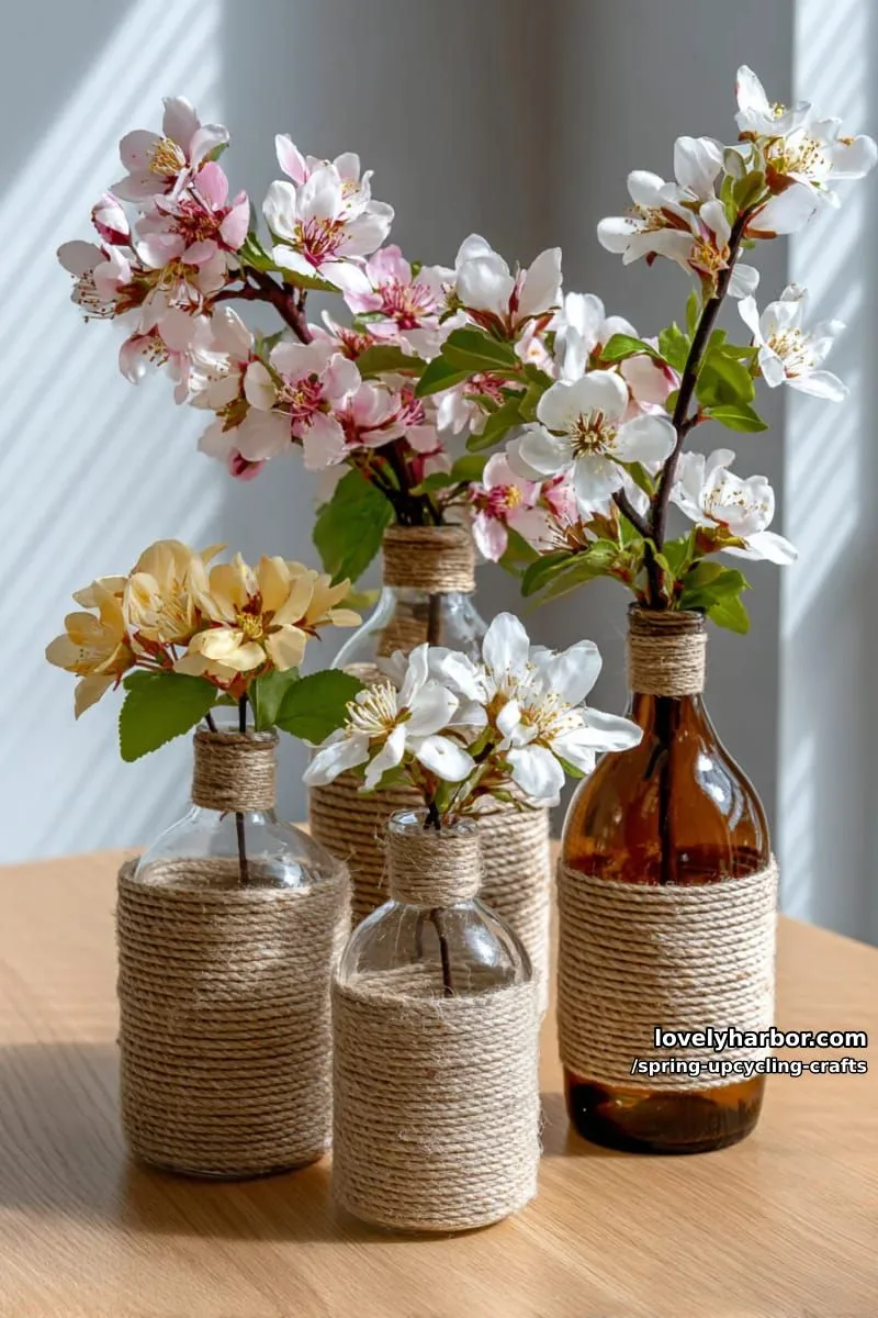glass bottle vases wrapped in twine and adorned with faux spring blossoms 1