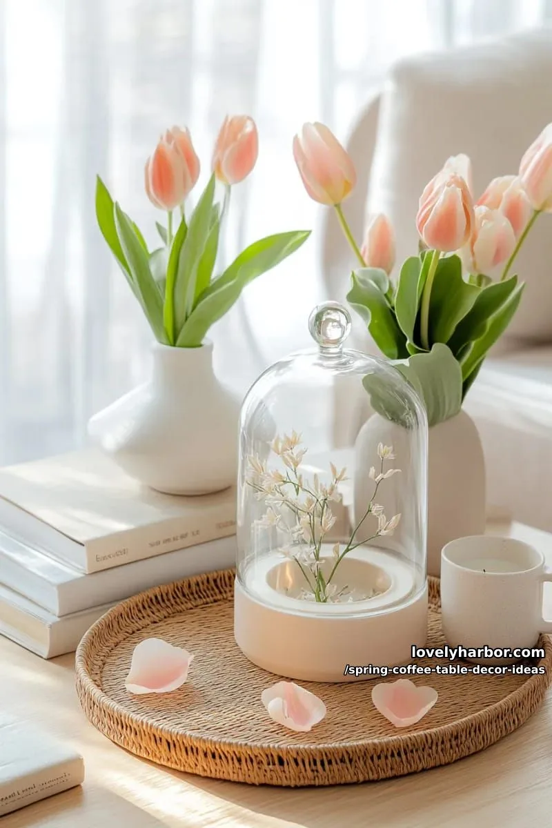 glass cloche dome over budding branches on a light wood coffee table 1