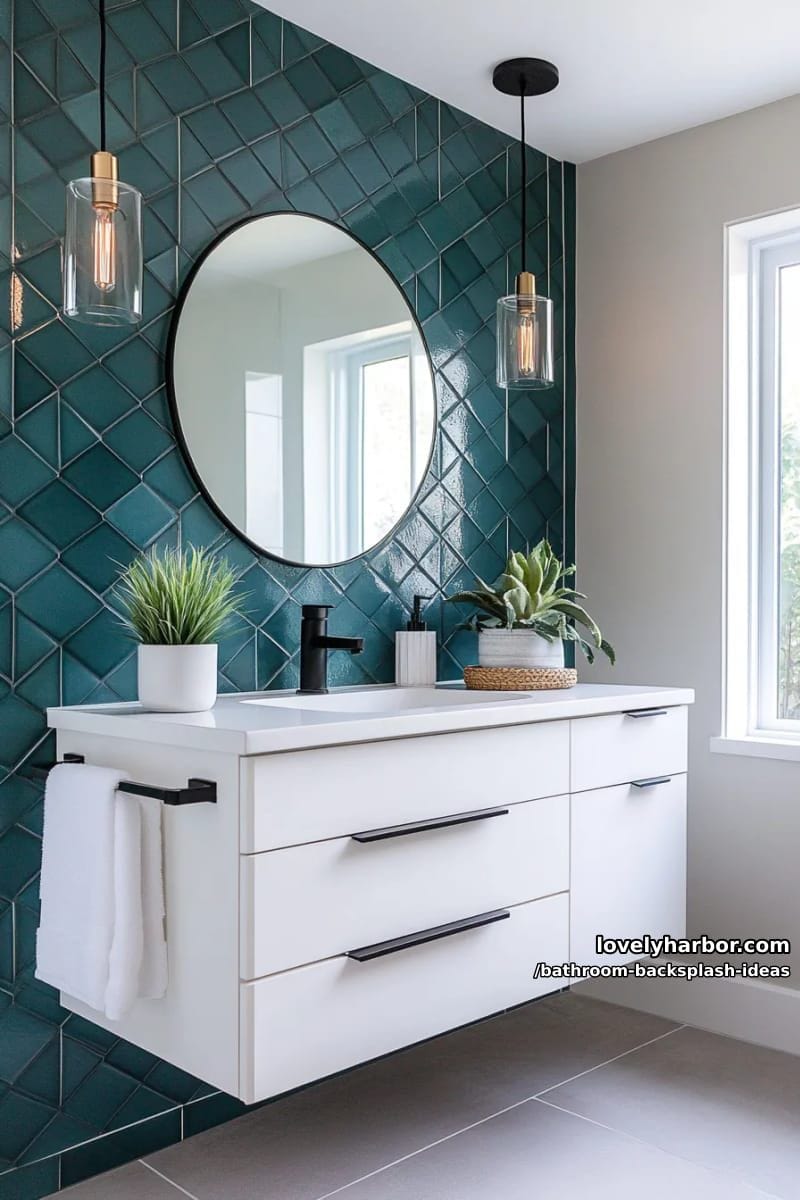 glossy geometric tiles in navy blue and teal for moody modern walls 1