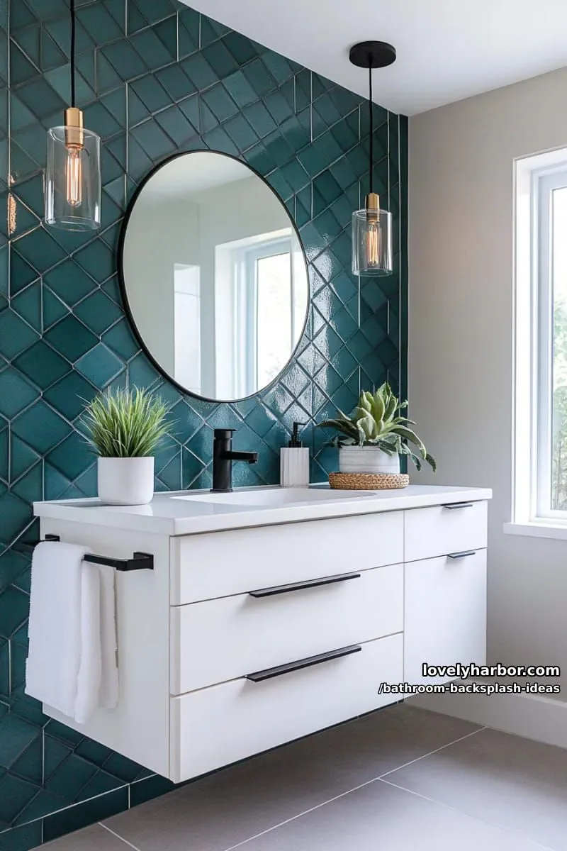 glossy geometric tiles in navy blue and teal for moody modern walls 1