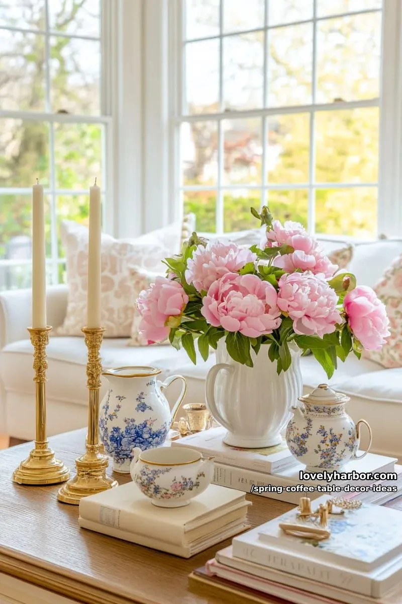 gold candlesticks alongside pink peonies in a textured white vase 1
