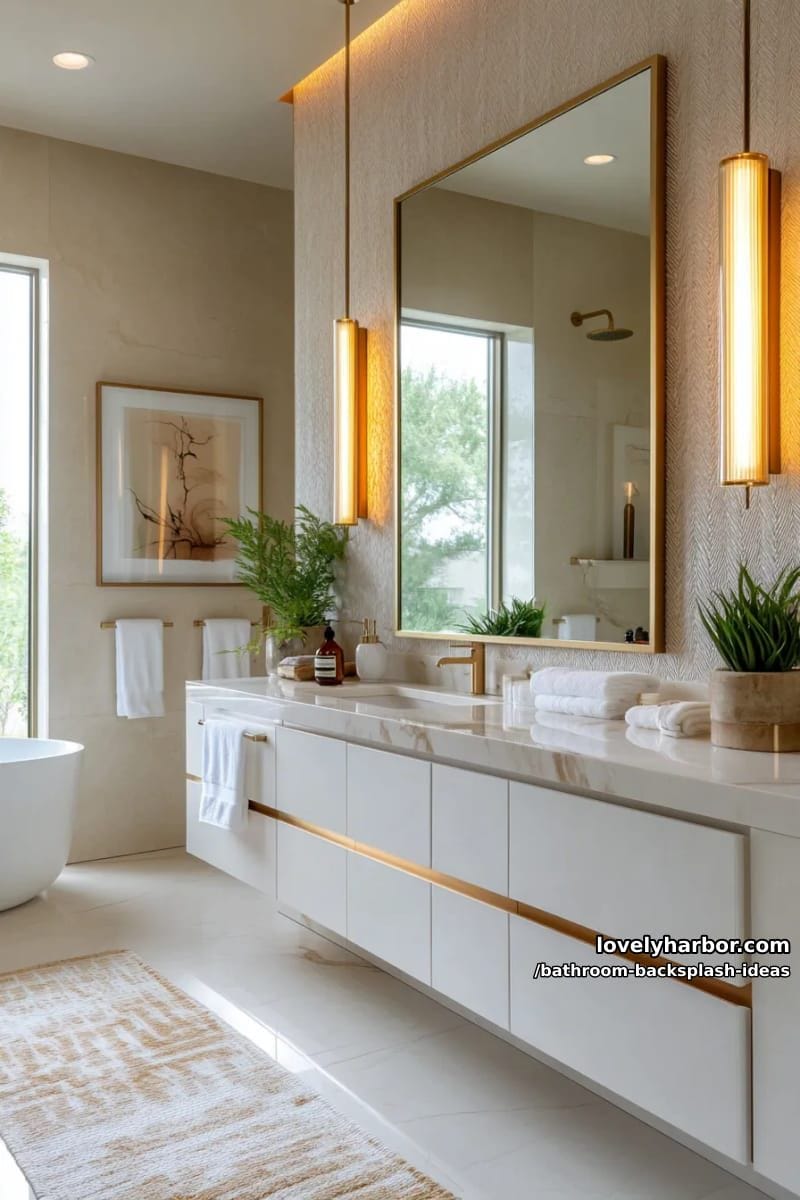 gold-rimmed mirrored backsplash reflecting soft pendant lighting 1