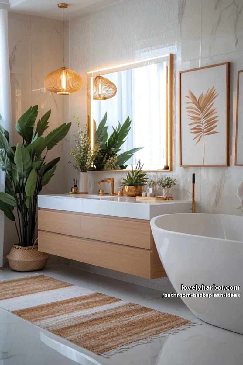 gold-rimmed mirrored backsplash reflecting soft pendant lighting 1