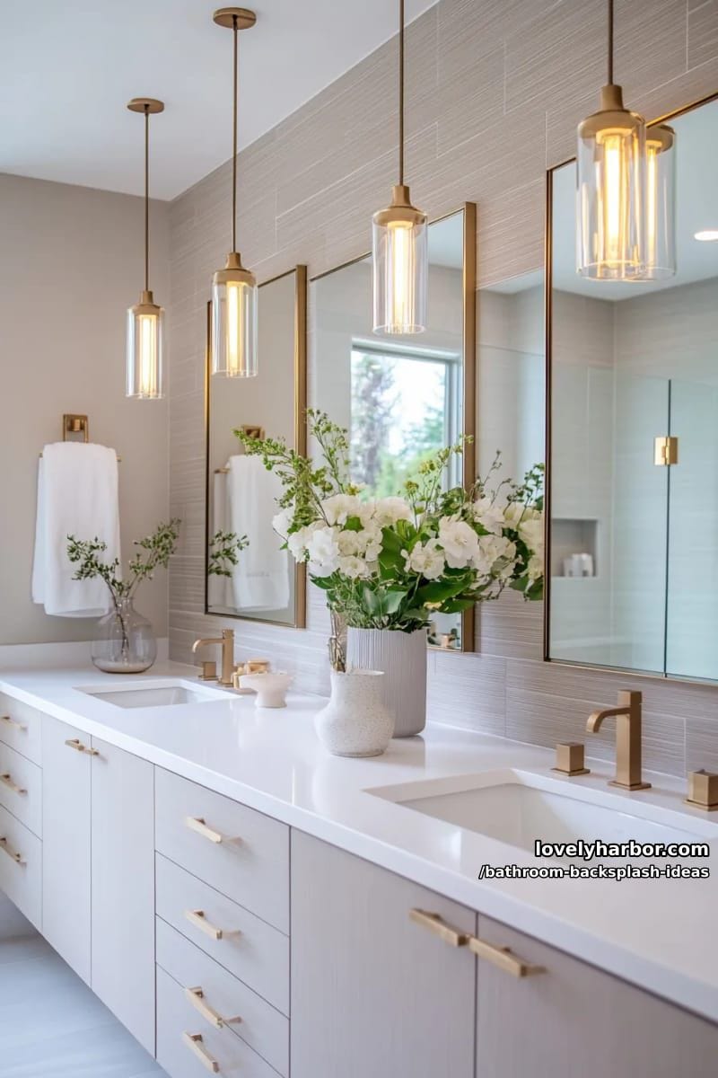 gold-rimmed mirrored backsplash reflecting soft pendant lighting 1