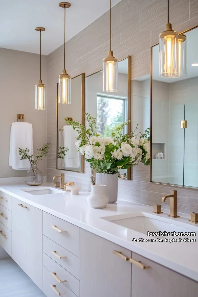 gold-rimmed mirrored backsplash reflecting soft pendant lighting 1