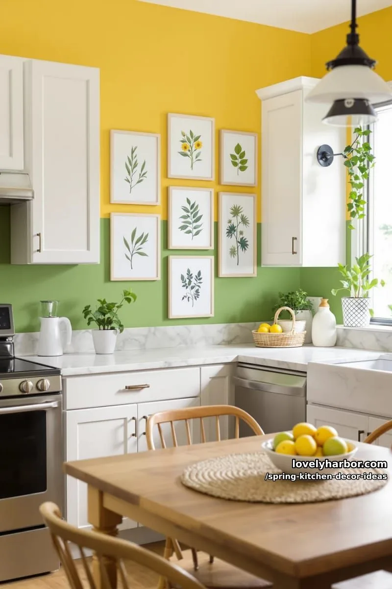 green and yellow accent wall with botanical art prints 1