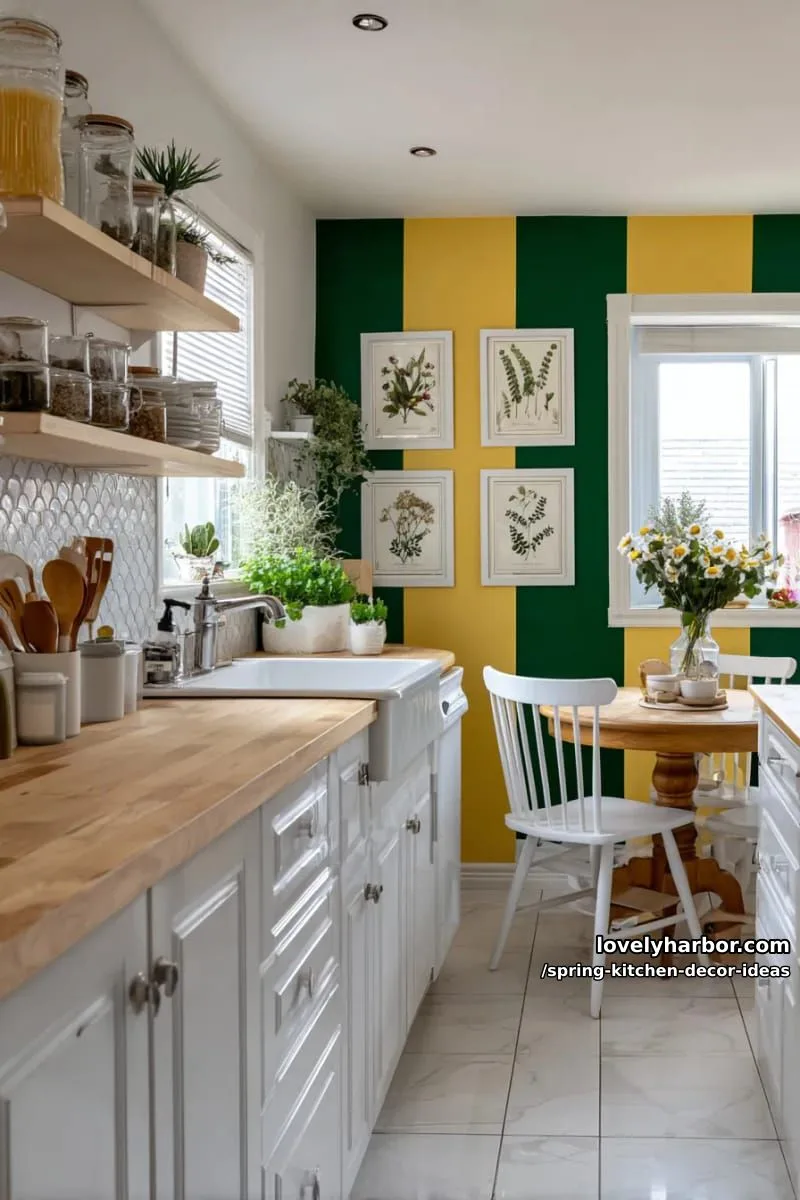green and yellow accent wall with botanical art prints 1
