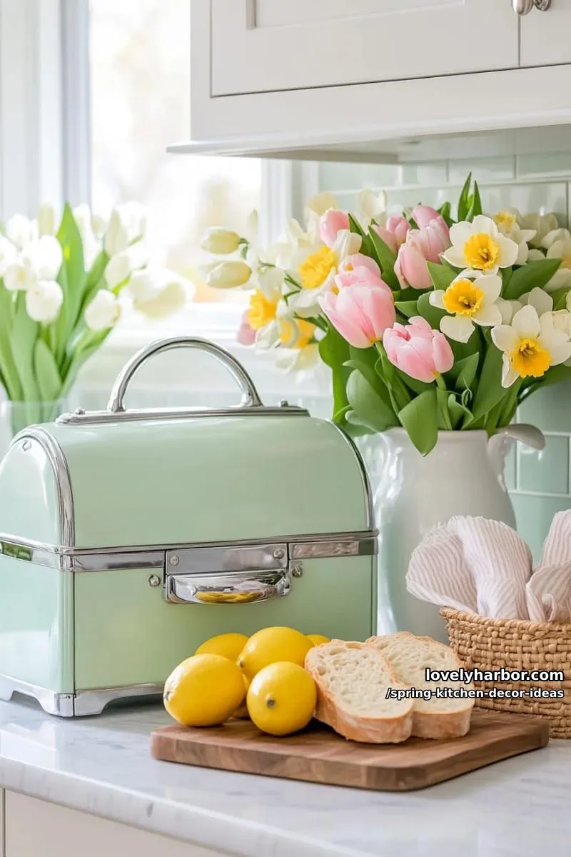 green vintage-style breadbox paired with spring flower arrangements 1