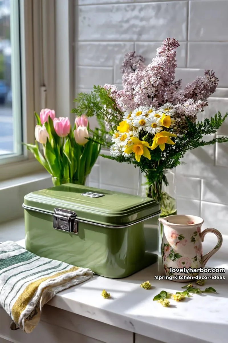 green vintage-style breadbox paired with spring flower arrangements 1