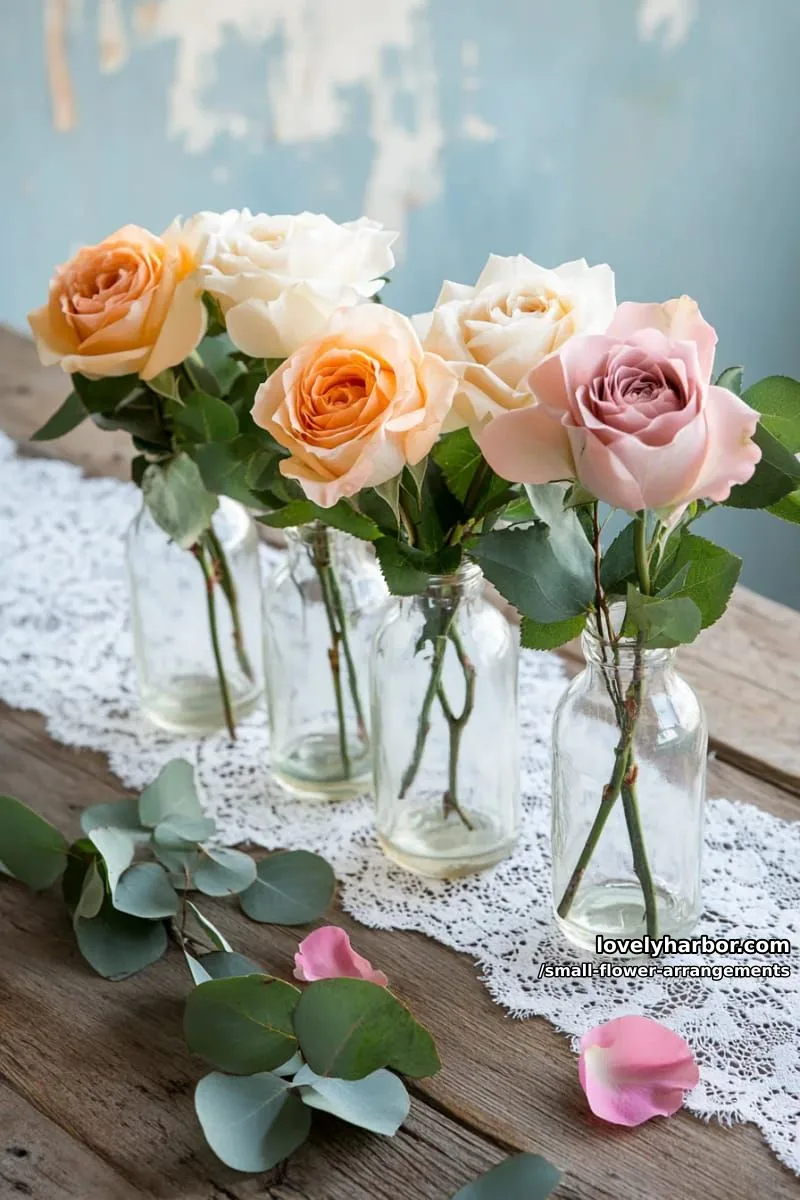 19 Classy Small Flower Arrangements to Cheer You Up in Spring 10 group of pastel roses with eucalyptus in vintage milk bottles 1