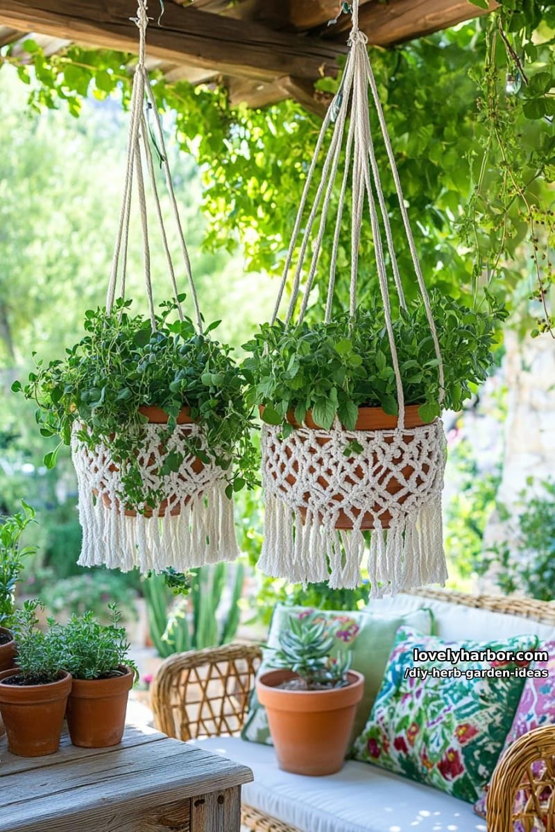 grow trailing herbs in hanging macramé planters for a boho garden vibe. 1
