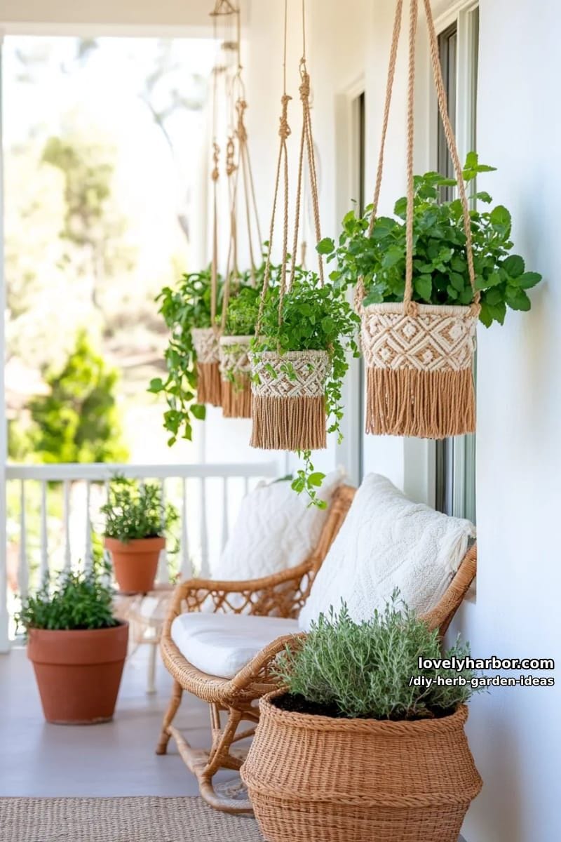 grow trailing herbs in hanging macramé planters for a boho garden vibe. 1