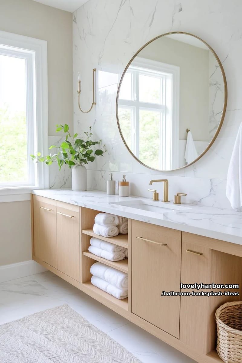 half-wall marble tiles with floating round mirror for elevated simplicity 1