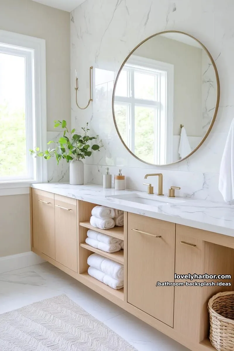 half-wall marble tiles with floating round mirror for elevated simplicity 1