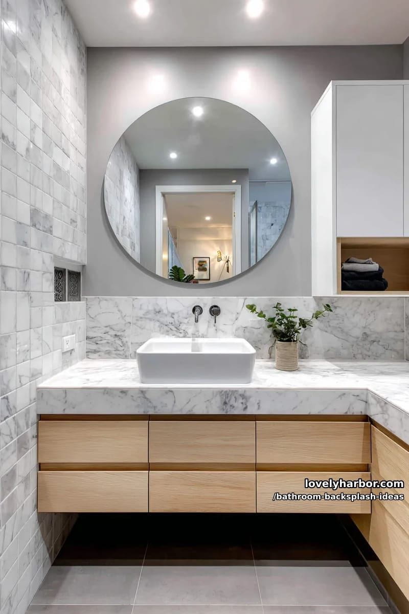 half-wall marble tiles with floating round mirror for elevated simplicity 1
