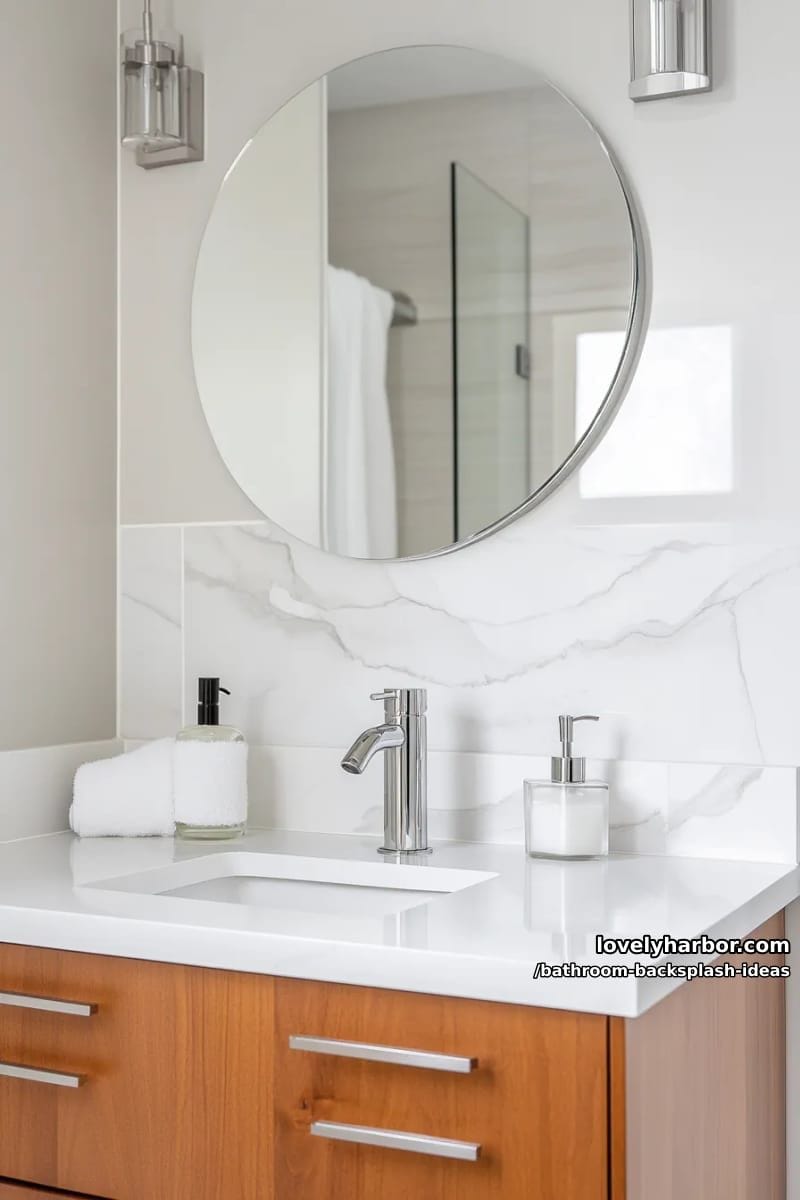 half-wall marble tiles with floating round mirror for elevated simplicity 1