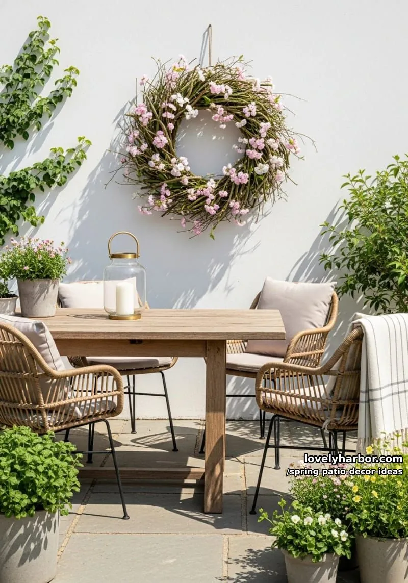 21 Spring Patio Decor Ideas To Welcome The New Season 51 hang a diy wreath made from foraged greenery and silk cherry blossoms 1