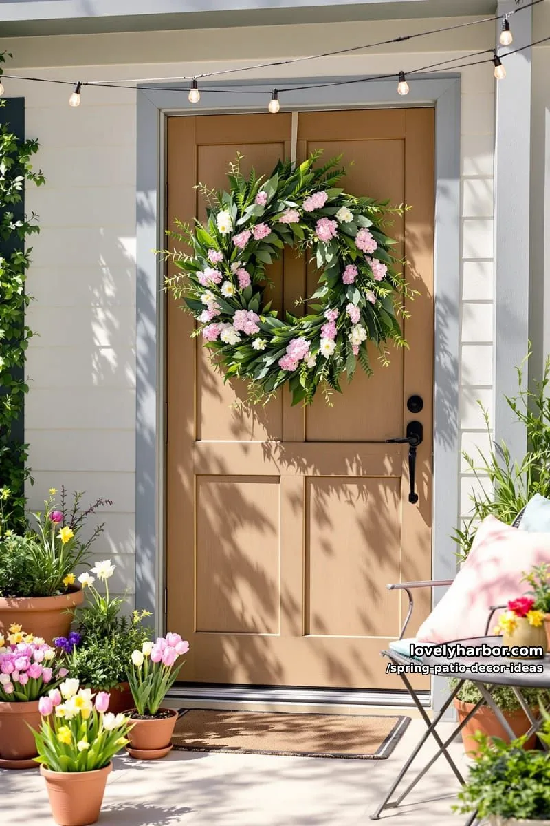 21 Spring Patio Decor Ideas To Welcome The New Season 52 hang a diy wreath made from foraged greenery and silk cherry blossoms 1