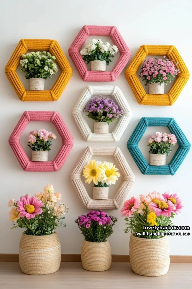 15 Artistic Wall Hanging Crafts to Upgrade Your Home 34 hang a mix of hexagon frames wrapped in yarn, filled with mini blooms. 1
