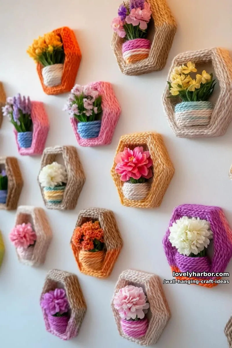 15 Artistic Wall Hanging Crafts to Upgrade Your Home 35 hang a mix of hexagon frames wrapped in yarn, filled with mini blooms. 1